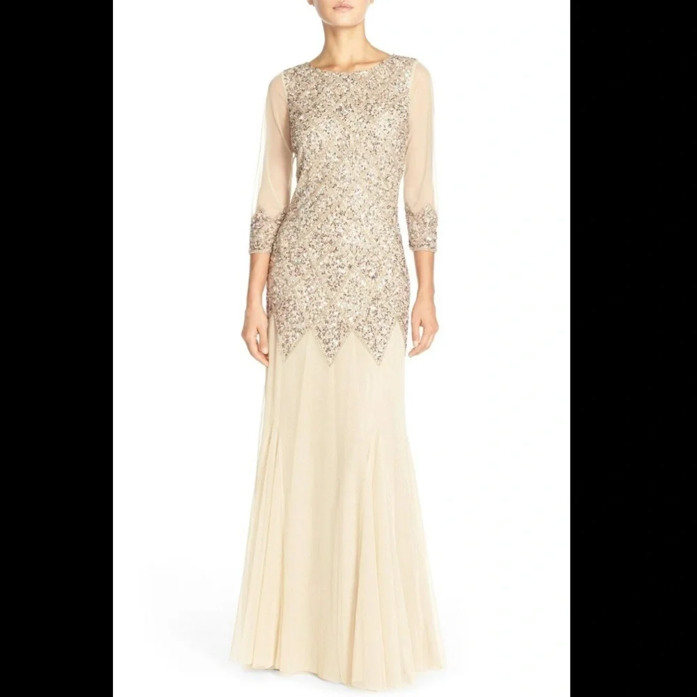 NWT JS Collections [ 4 ] Long Sleeve Embellished Tulle‎ Gown Champagne